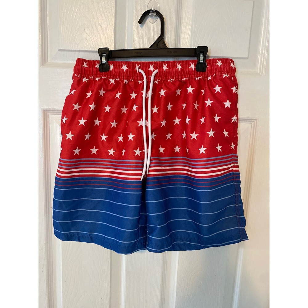 Mens Patriotic Stars and Stripes Swim Trunks Red White Blue Board Shorts Large